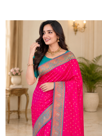 rani pink color contrast weaving border with allover weaving and rich weaved pallu silk blend saree 3