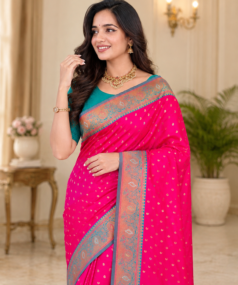 rani pink color contrast weaving border with allover weaving and rich weaved pallu silk blend saree