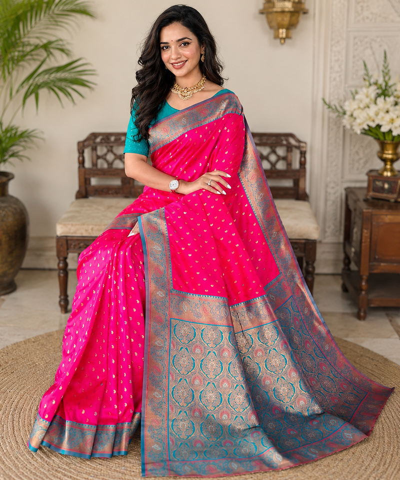 rani pink color contrast weaving border with allover weaving and rich weaved pallu silk blend saree