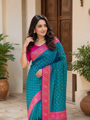teal color contrast weaving border with allover weaving and rich weaved pallu silk blend saree 1