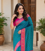teal color contrast weaving border with allover weaving and rich weaved pallu silk blend saree