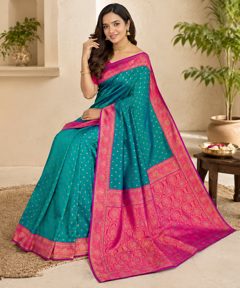 teal color contrast weaving border with allover weaving and rich weaved pallu silk blend saree