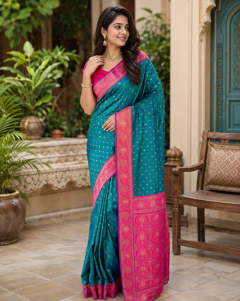 teal color contrast weaving border with allover weaving and rich weaved pallu silk blend saree