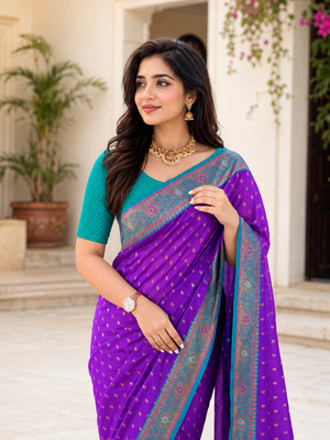 violet color contrast weaving border with allover weaving and rich weaved pallu silk blend saree 1