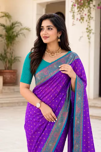 violet color contrast weaving border with allover weaving and rich weaved pallu silk blend saree