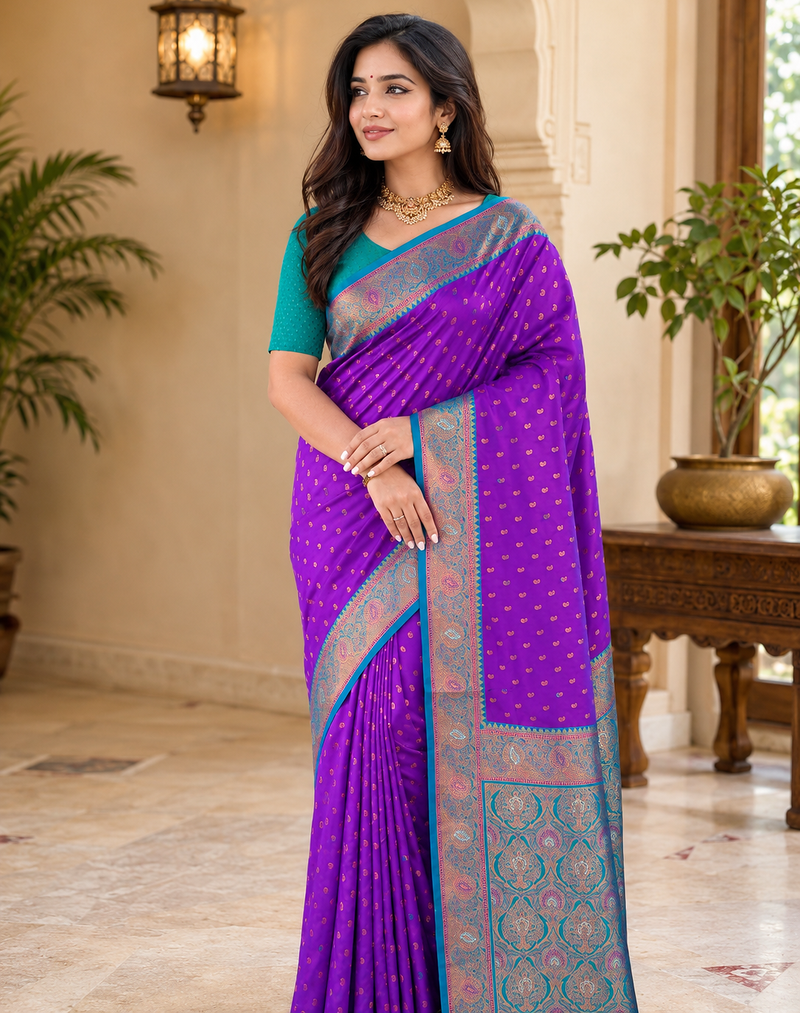 violet color contrast weaving border with allover weaving and rich weaved pallu silk blend saree