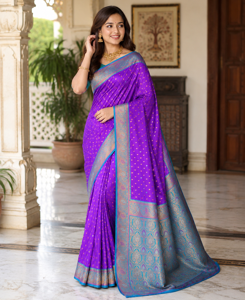 violet color contrast weaving border with allover weaving and rich weaved pallu silk blend saree
