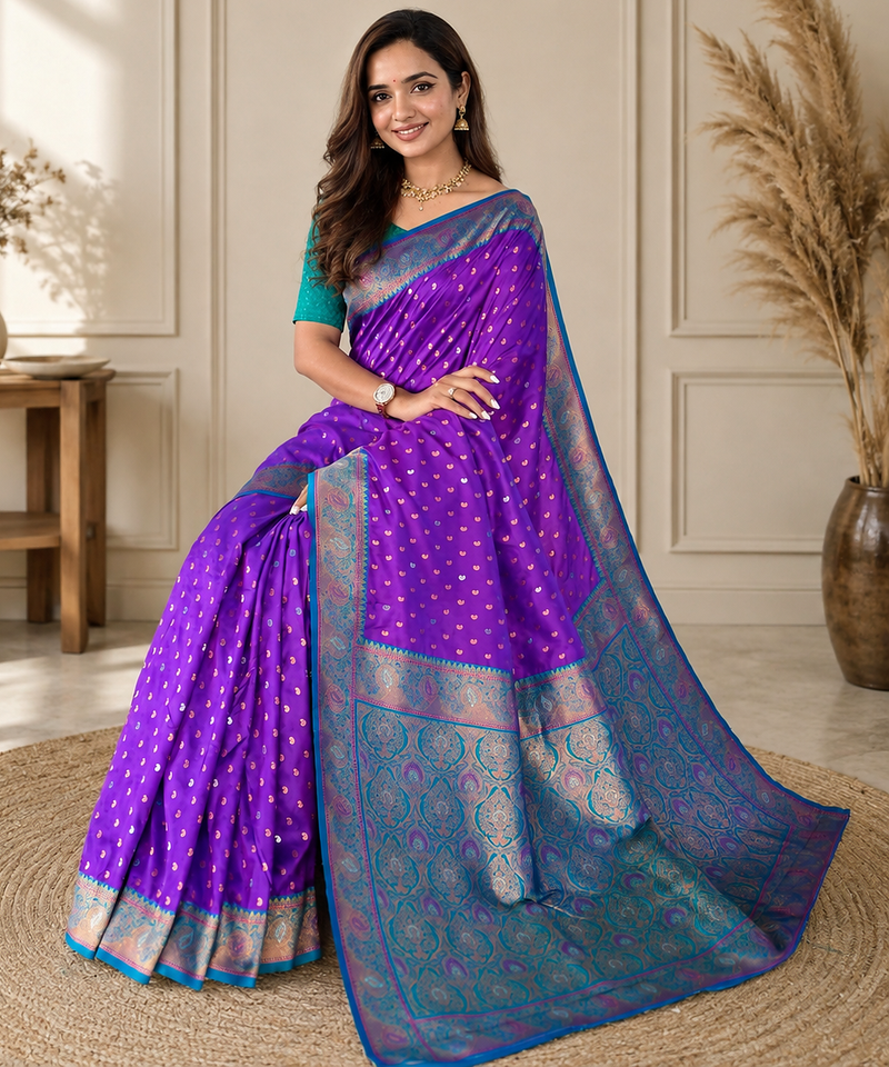 violet color contrast weaving border with allover weaving and rich weaved pallu silk blend saree
