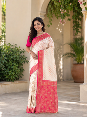 white color contrast weaving border with allover weaving and rich weaved pallu silk blend saree 1