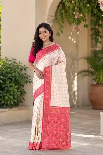 white color contrast weaving border with allover weaving and rich weaved pallu silk blend saree