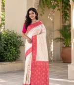white color contrast weaving border with allover weaving and rich weaved pallu silk blend saree
