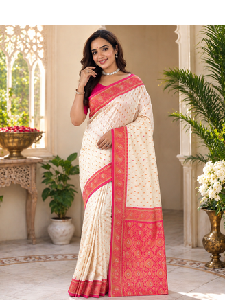 white color contrast weaving border with allover weaving and rich weaved pallu silk blend saree 2