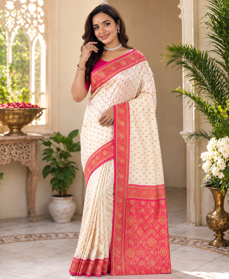 white color contrast weaving border with allover weaving and rich weaved pallu silk blend saree
