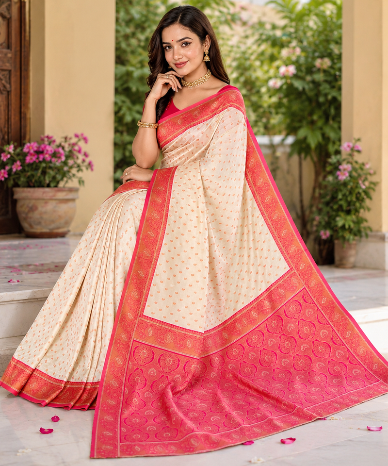 white color contrast weaving border with allover weaving and rich weaved pallu silk blend saree