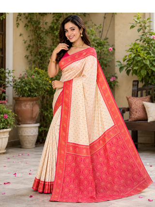white color contrast weaving border with allover weaving and rich weaved pallu silk blend saree 4