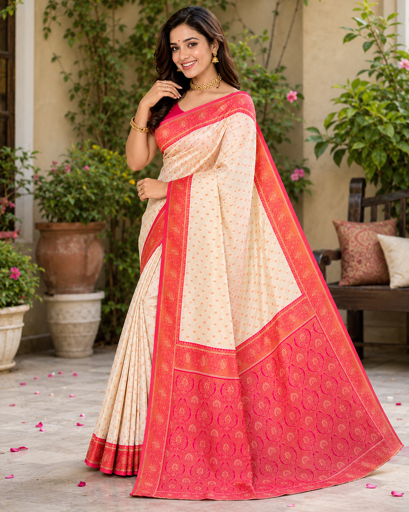 white color contrast weaving border with allover weaving and rich weaved pallu silk blend saree