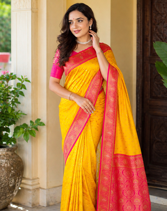 yellow color contrast weaving border with allover weaving and rich weaved pallu silk blend saree
