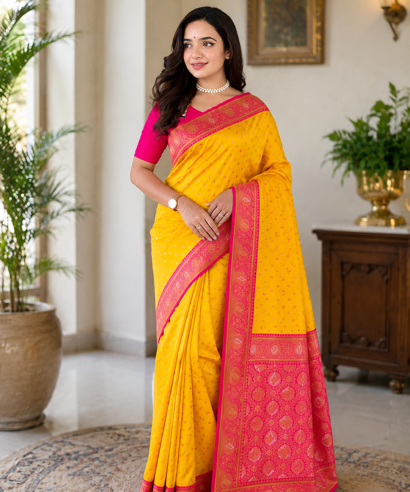 yellow color contrast weaving border with allover weaving and rich weaved pallu silk blend saree