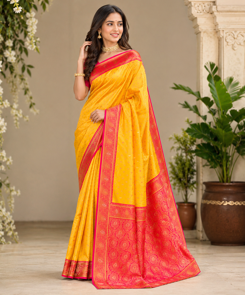 yellow color contrast weaving border with allover weaving and rich weaved pallu silk blend saree
