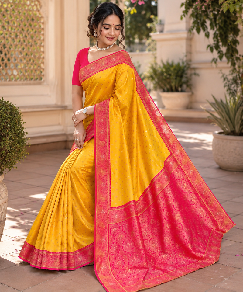 yellow color contrast weaving border with allover weaving and rich weaved pallu silk blend saree