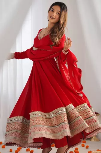 Vichitra silk fabric fully flare anarkali gown, pant with duppta set