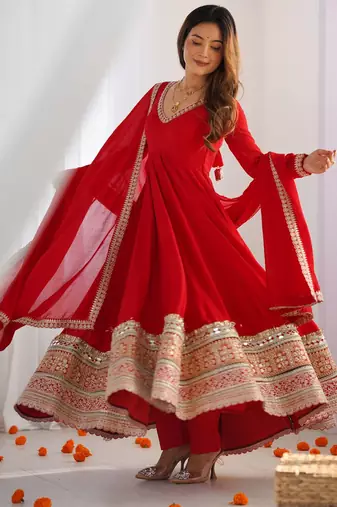 Vichitra silk fabric fully flare anarkali gown, pant with duppta set