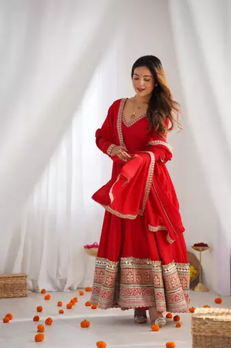 Vichitra silk fabric fully flare anarkali gown, pant with duppta set