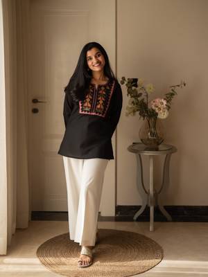 Floral embroidered pure cotton round neck co-ord set 1