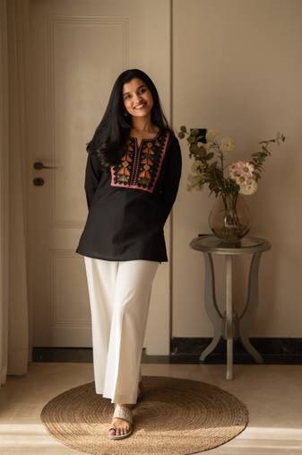 Floral embroidered pure cotton round neck co-ord set