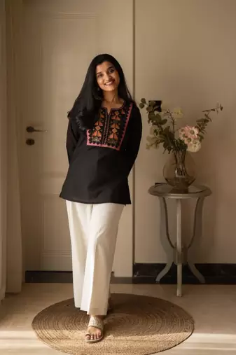 Floral embroidered pure cotton round neck co-ord set