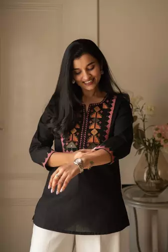 Floral embroidered pure cotton round neck co-ord set