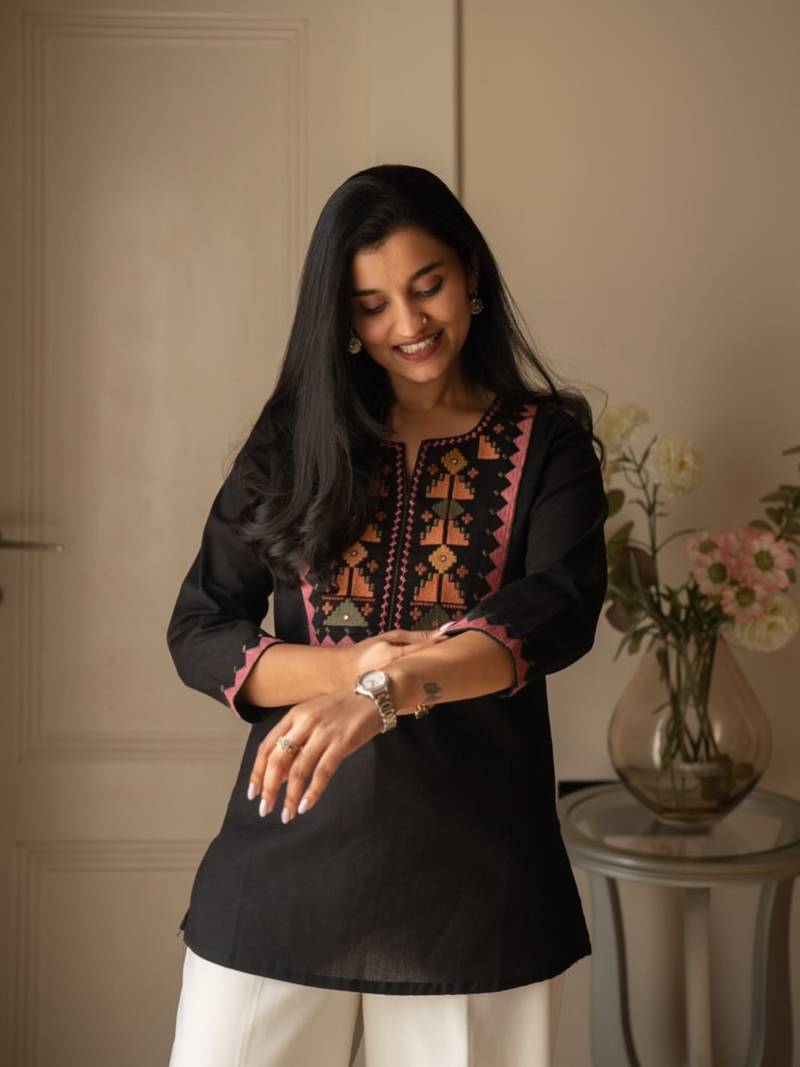 Floral embroidered pure cotton round neck co-ord set