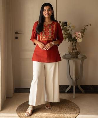 Floral embroidered pure cotton round neck co-ord set 1