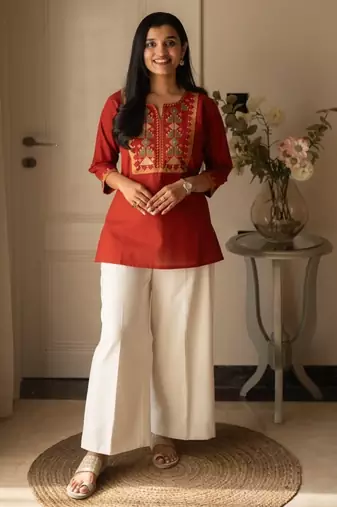 Floral embroidered pure cotton round neck co-ord set