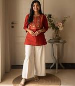 Floral embroidered pure cotton round neck co-ord set