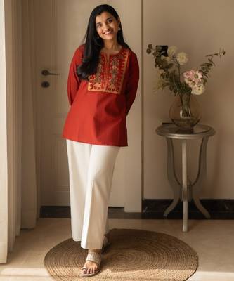 Floral embroidered pure cotton round neck co-ord set 2