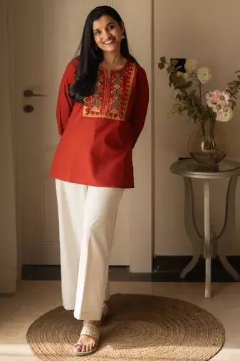 Floral embroidered pure cotton round neck co-ord set