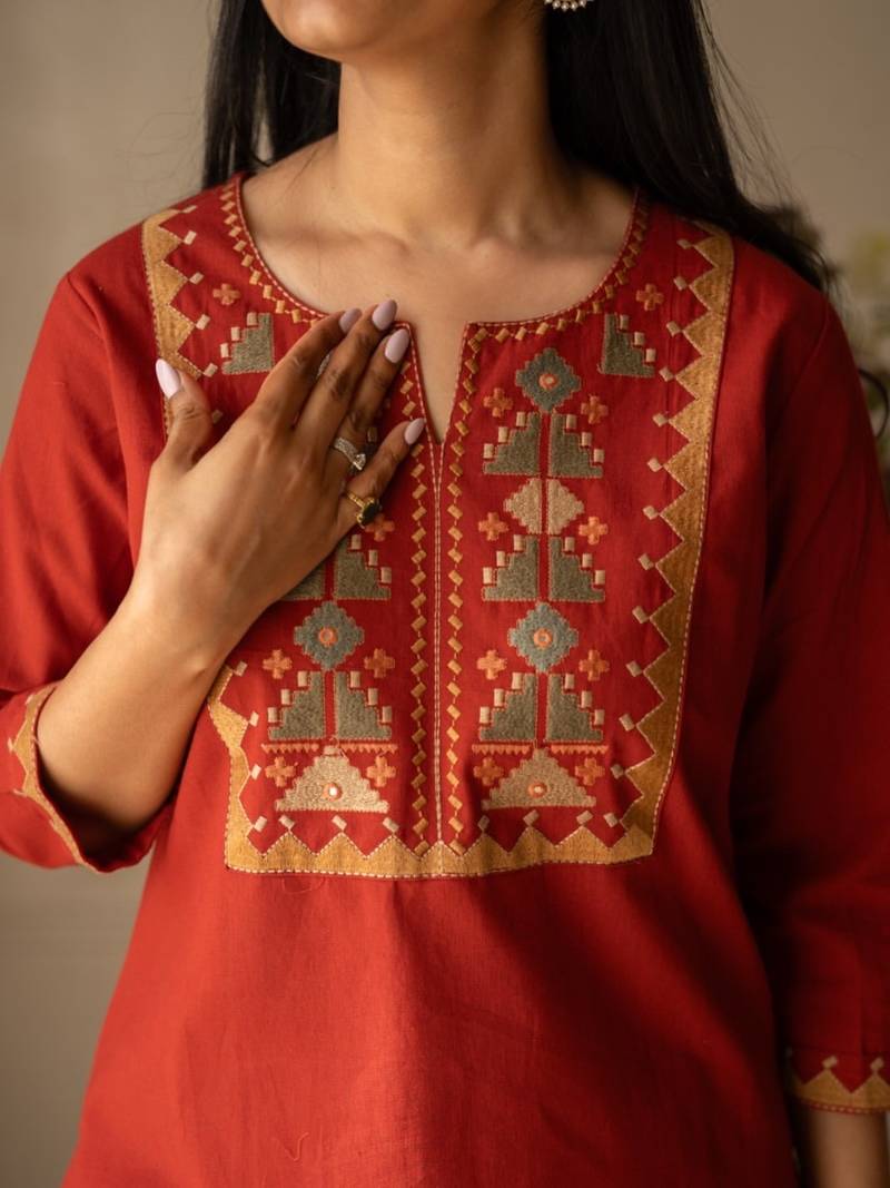 Floral embroidered pure cotton round neck co-ord set