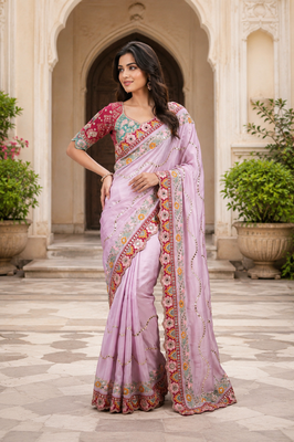 Lavender Color Embroidery Coding,Thread Dual Sequence Work And Real Mirror Work And Wedding Wear Saree 1