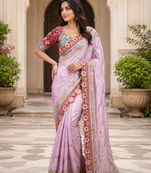 Lavender Color Embroidery Coding,Thread Dual Sequence Work And Real Mirror Work And Wedding Wear Saree
