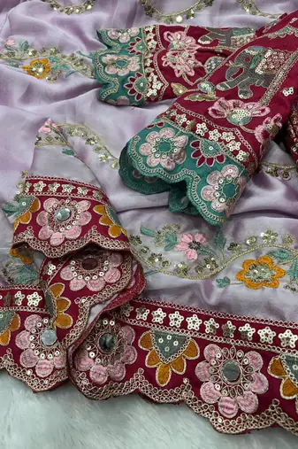 Lavender Color Embroidery Coding,Thread Dual Sequence Work And Real Mirror Work And Wedding Wear Saree
