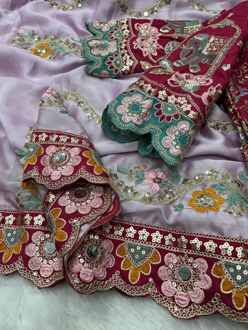 Lavender Color Embroidery Coding,Thread Dual Sequence Work And Real Mirror Work And Wedding Wear Saree