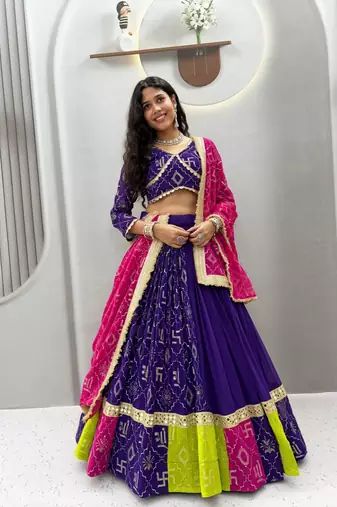 Purple Embroidery sequin and miror lace Work Fox georgette Lehenga choli Set