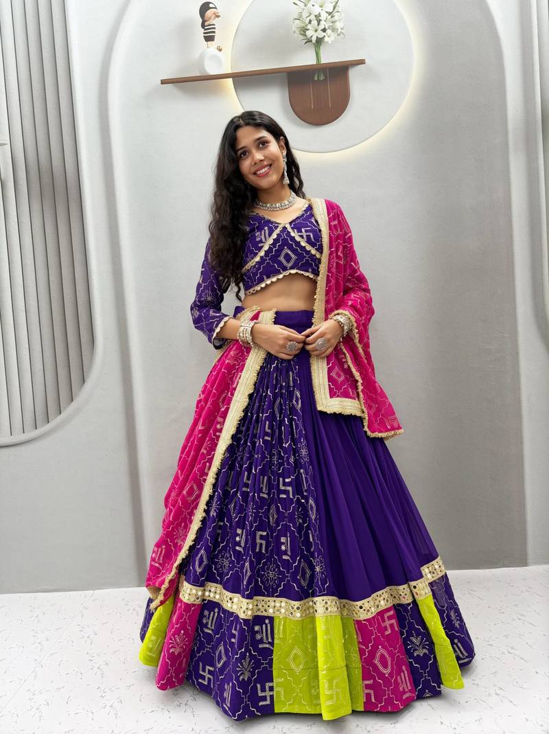 Purple Embroidery sequin and miror lace Work Fox georgette Lehenga choli Set