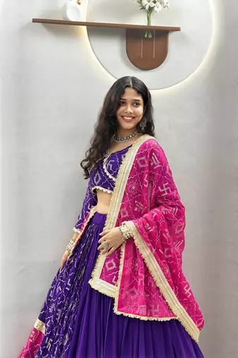 Purple Embroidery sequin and miror lace Work Fox georgette Lehenga choli Set