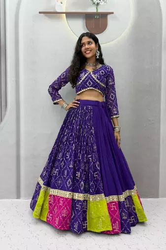 Purple Embroidery sequin and miror lace Work Fox georgette Lehenga choli Set