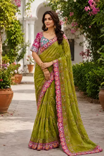 Light Olive Color Embroidery Coding,Thread Dual Sequence Work And Real Mirror Work And Wedding Wear Saree