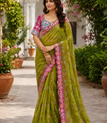 Light Olive Color Embroidery Coding,Thread Dual Sequence Work And Real Mirror Work And Wedding Wear Saree
