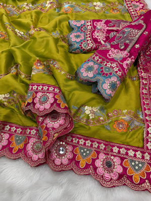 Light Olive Color Embroidery Coding,Thread Dual Sequence Work And Real Mirror Work And Wedding Wear Saree 2