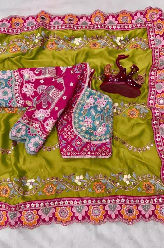 Light Olive Color Embroidery Coding,Thread Dual Sequence Work And Real Mirror Work And Wedding Wear Saree